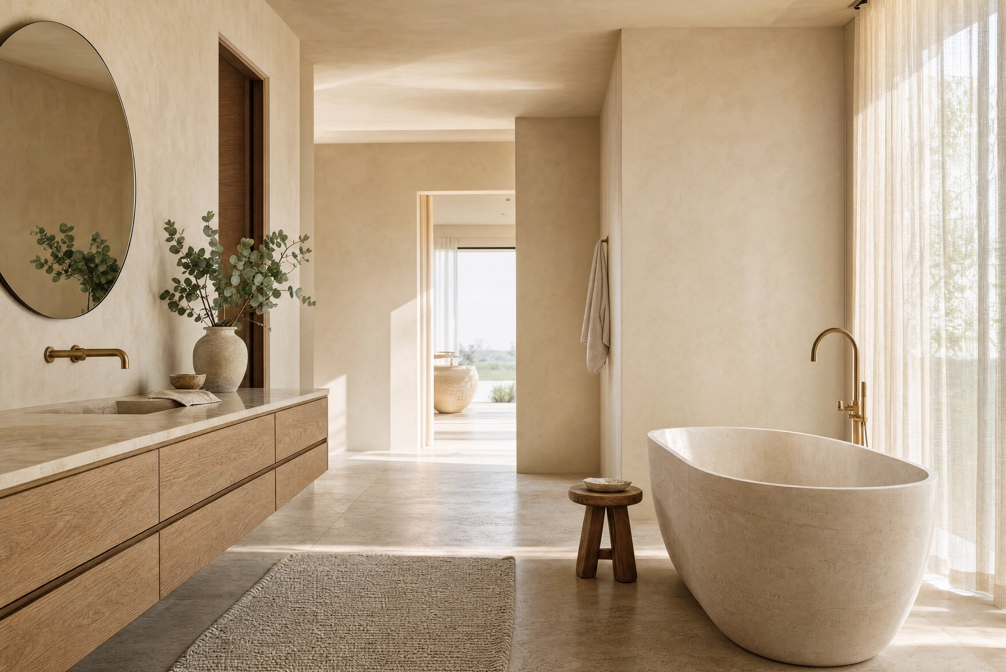 A sunlit bathroom with a freestanding stone tub, linen curtains and a long oak vanity