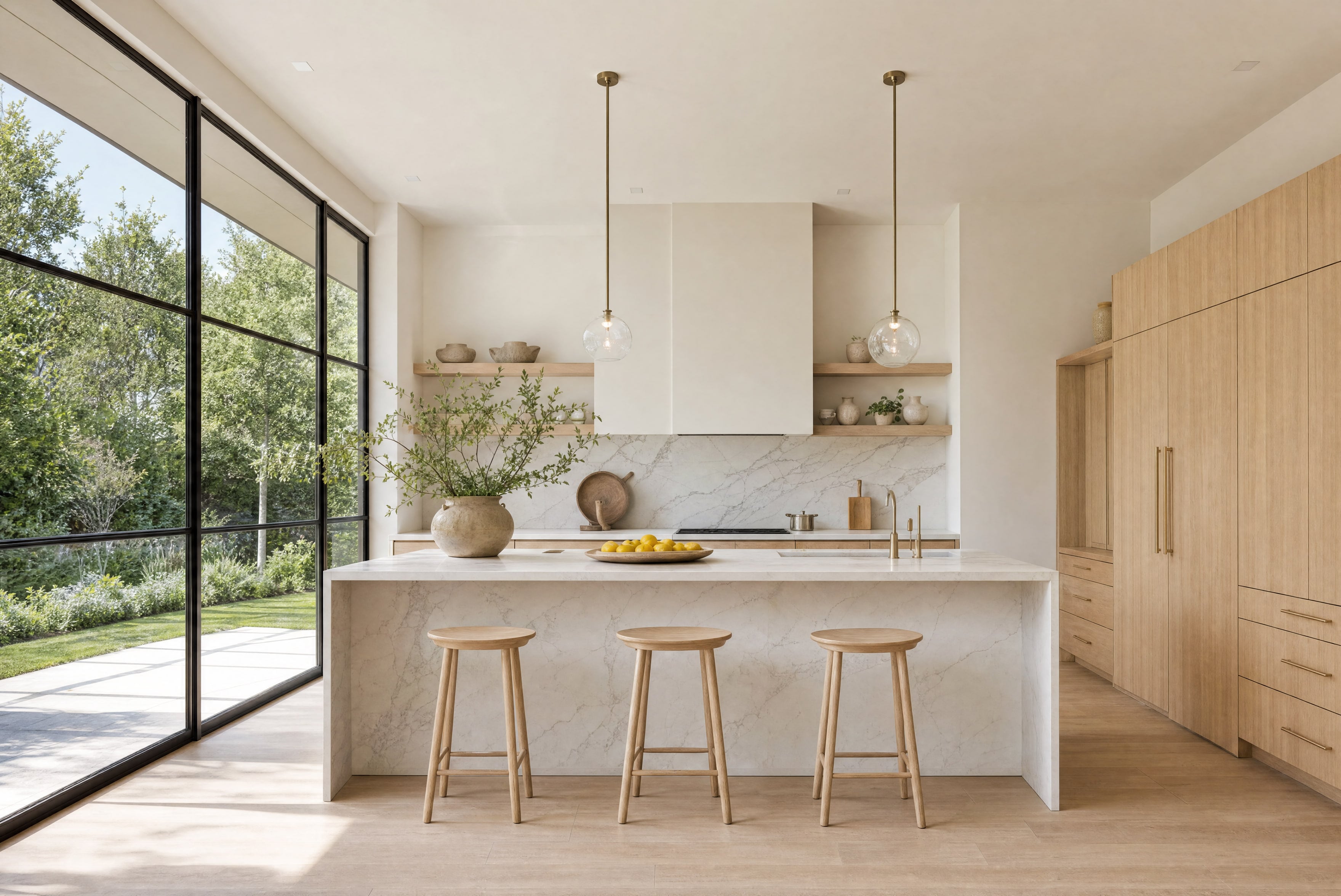 A bright kitchen with a stone island, three oak stools and a glass wall open to the garden