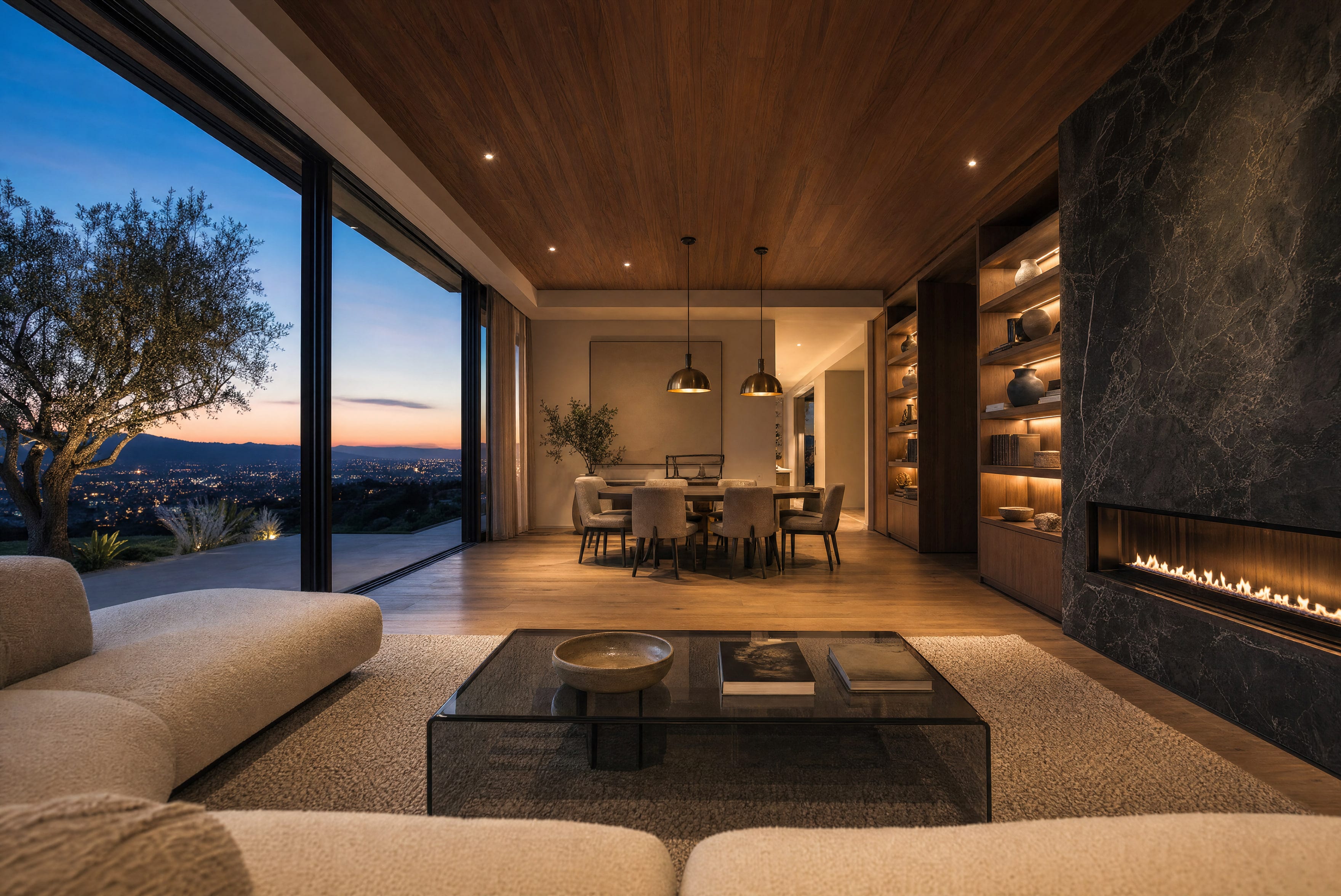 A living room at dusk, its glass wall open to the evening sky and the fire lit