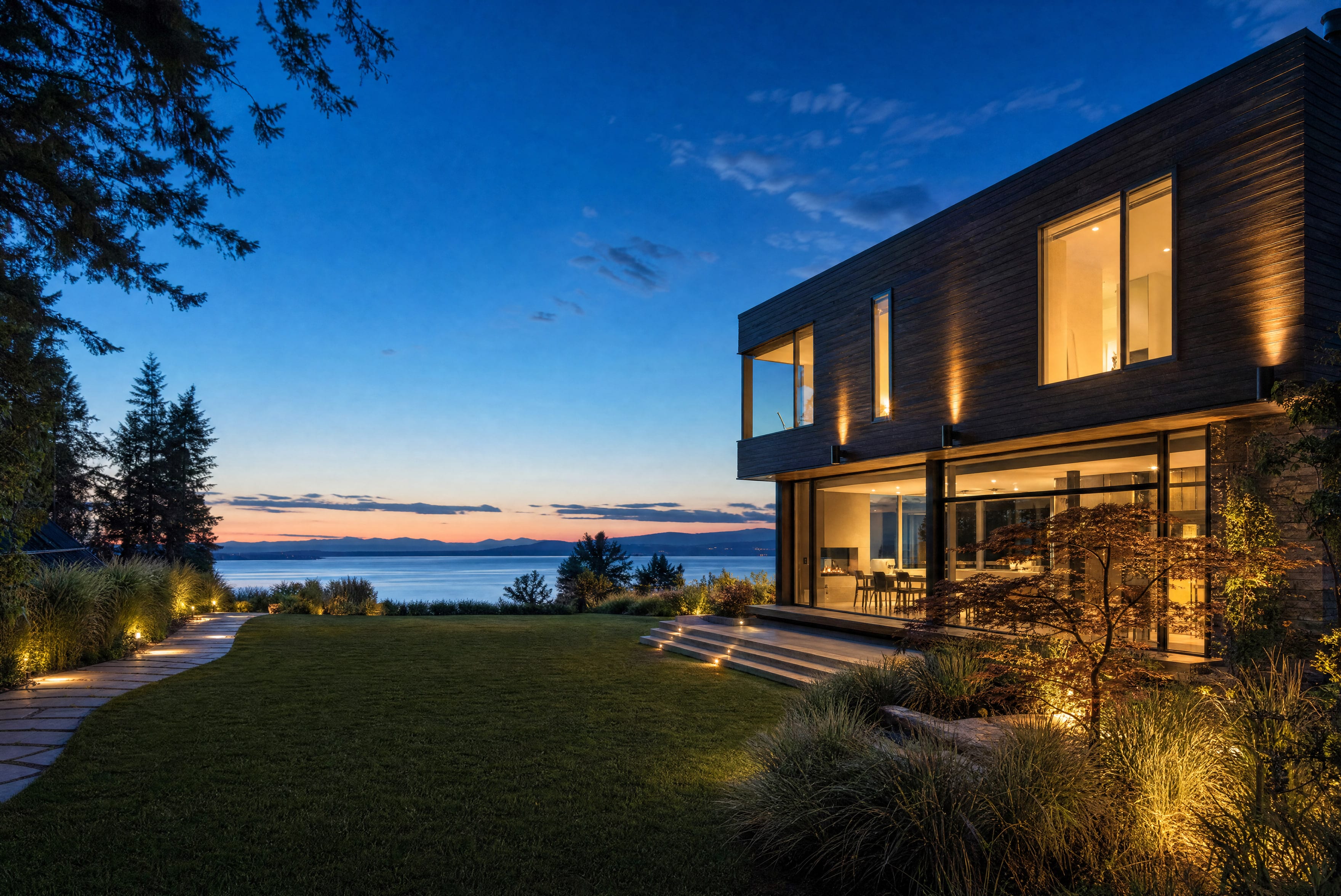 A dark timber house on the shore at dusk, its windows lit and the water beyond