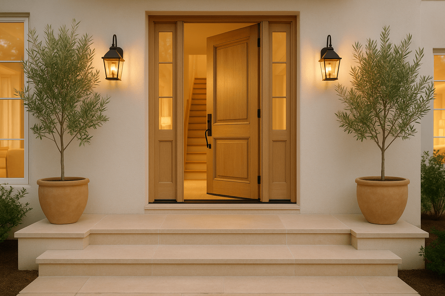 A front door standing open at golden hour, porch lanterns lit