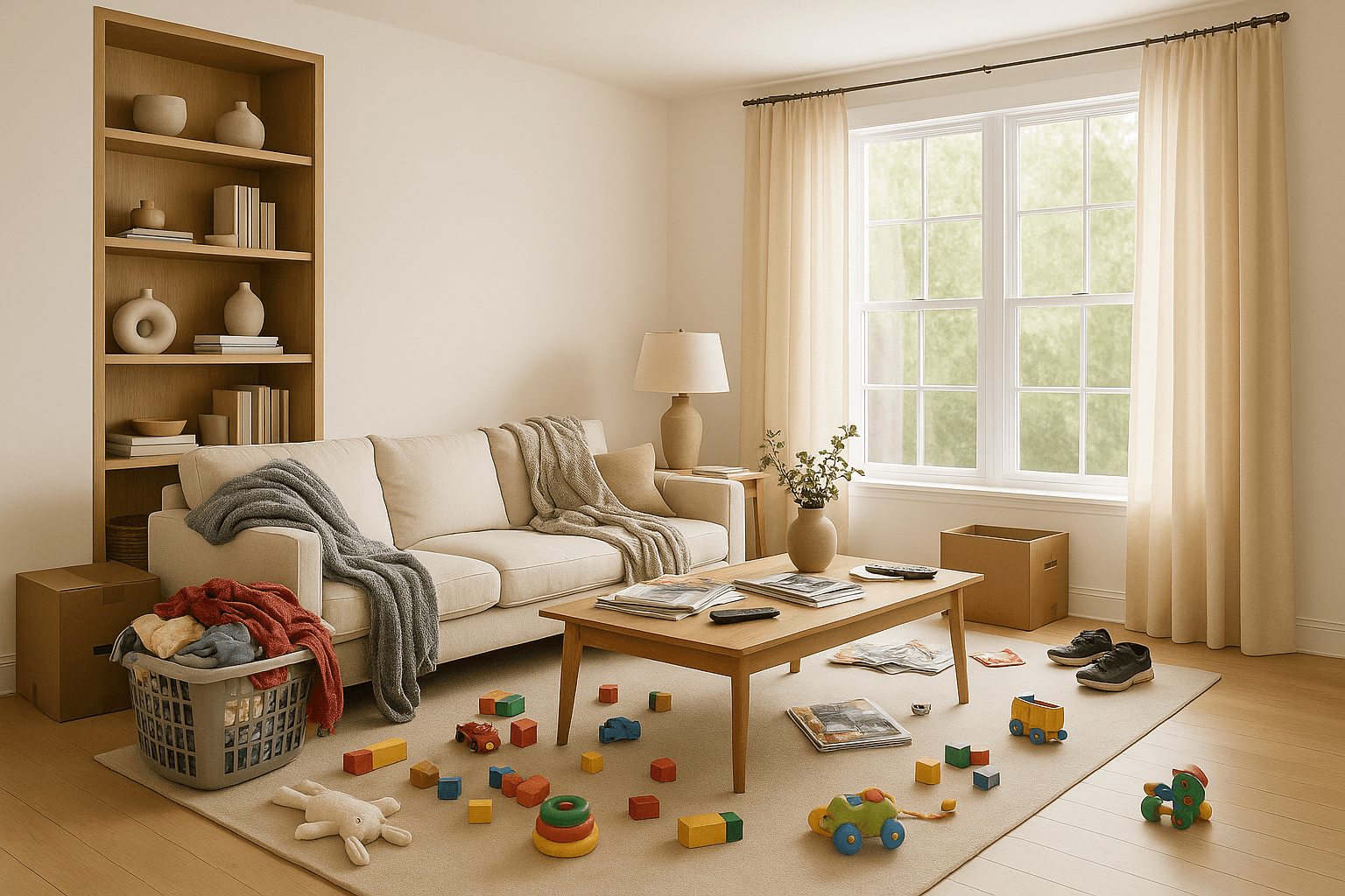 A family living room with toys, laundry and boxes everywhere, then cleared to the furniture, as shot