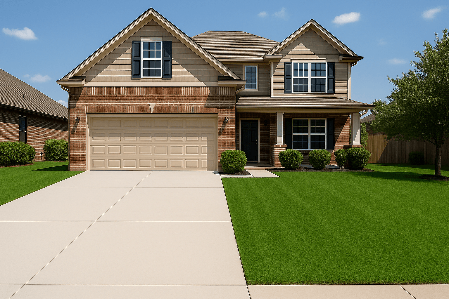 A brick home with a dry patchy lawn and a stained driveway, then with the lawn green and the concrete clean