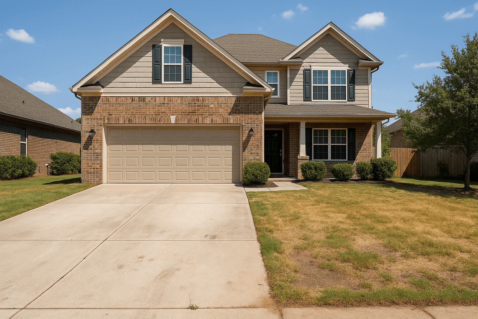A brick home with a dry patchy lawn and a stained driveway, then with the lawn green and the concrete clean, as shot
