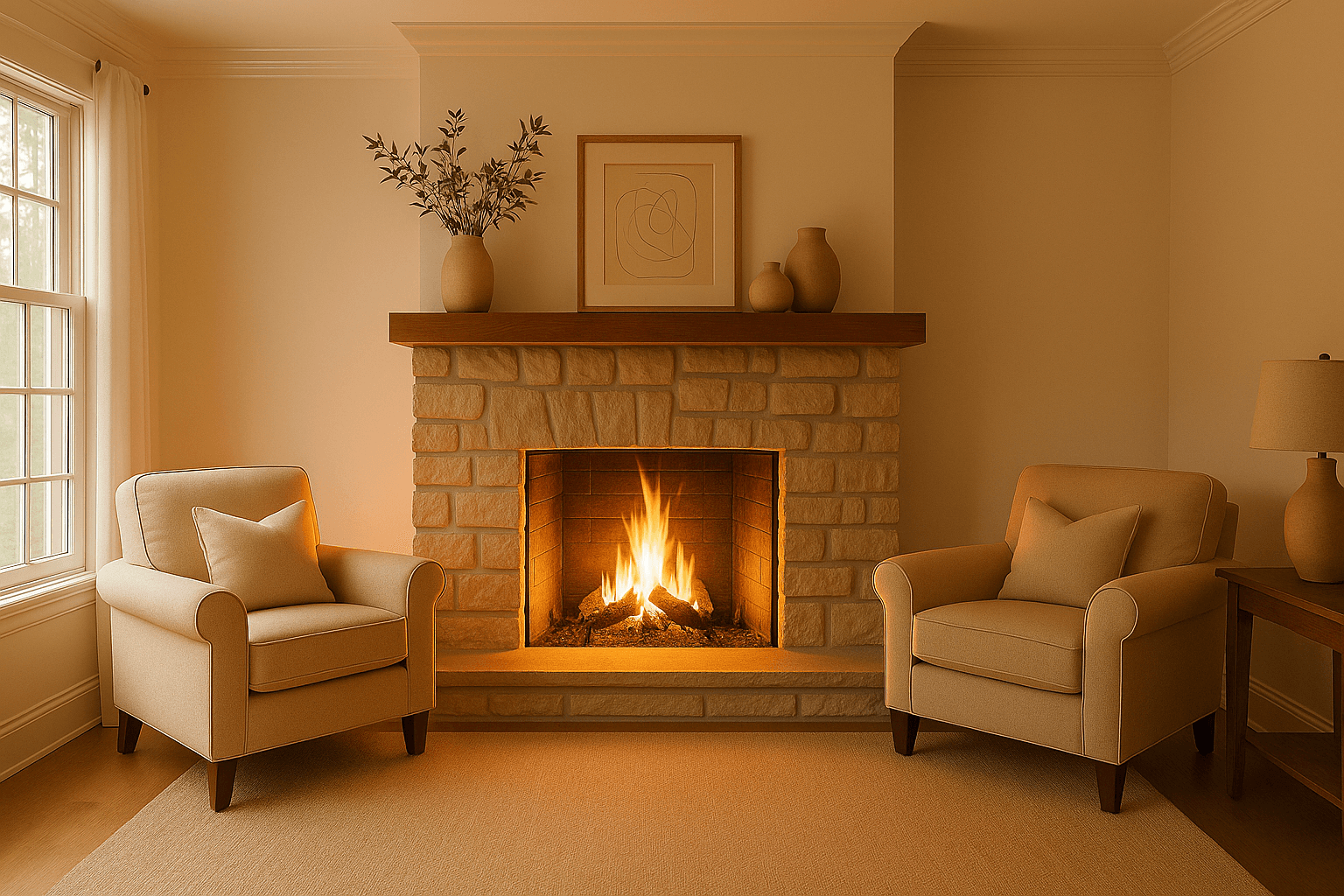 A stone fireplace between two armchairs, cold and then lit
