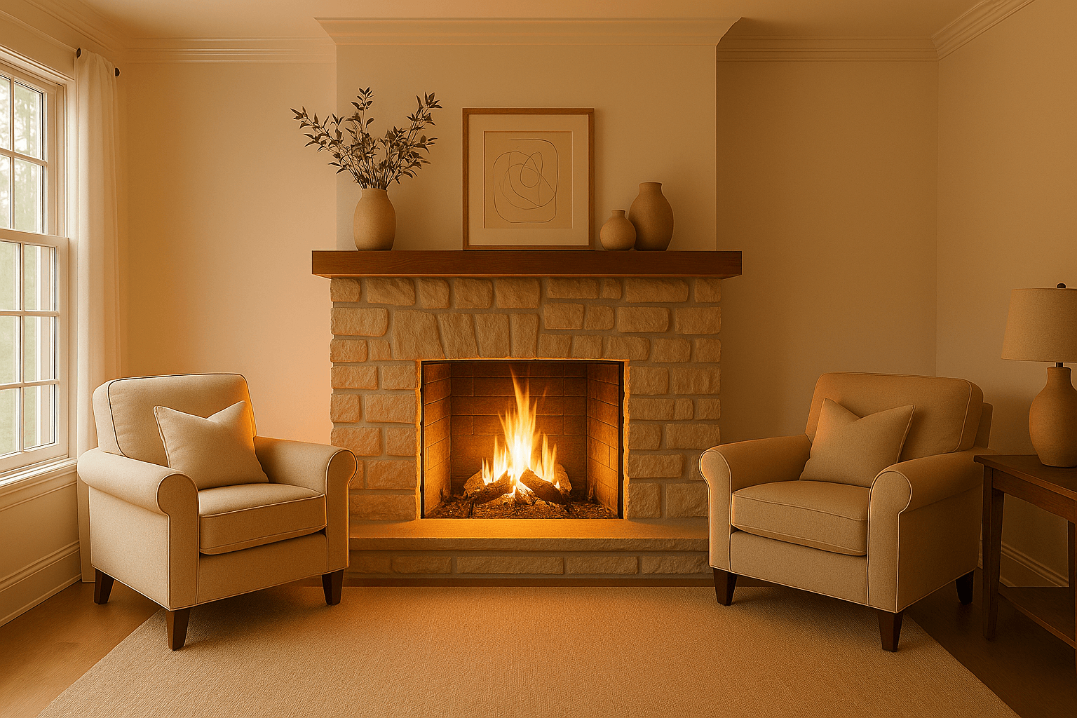 A stone fireplace between two armchairs, cold and then lit