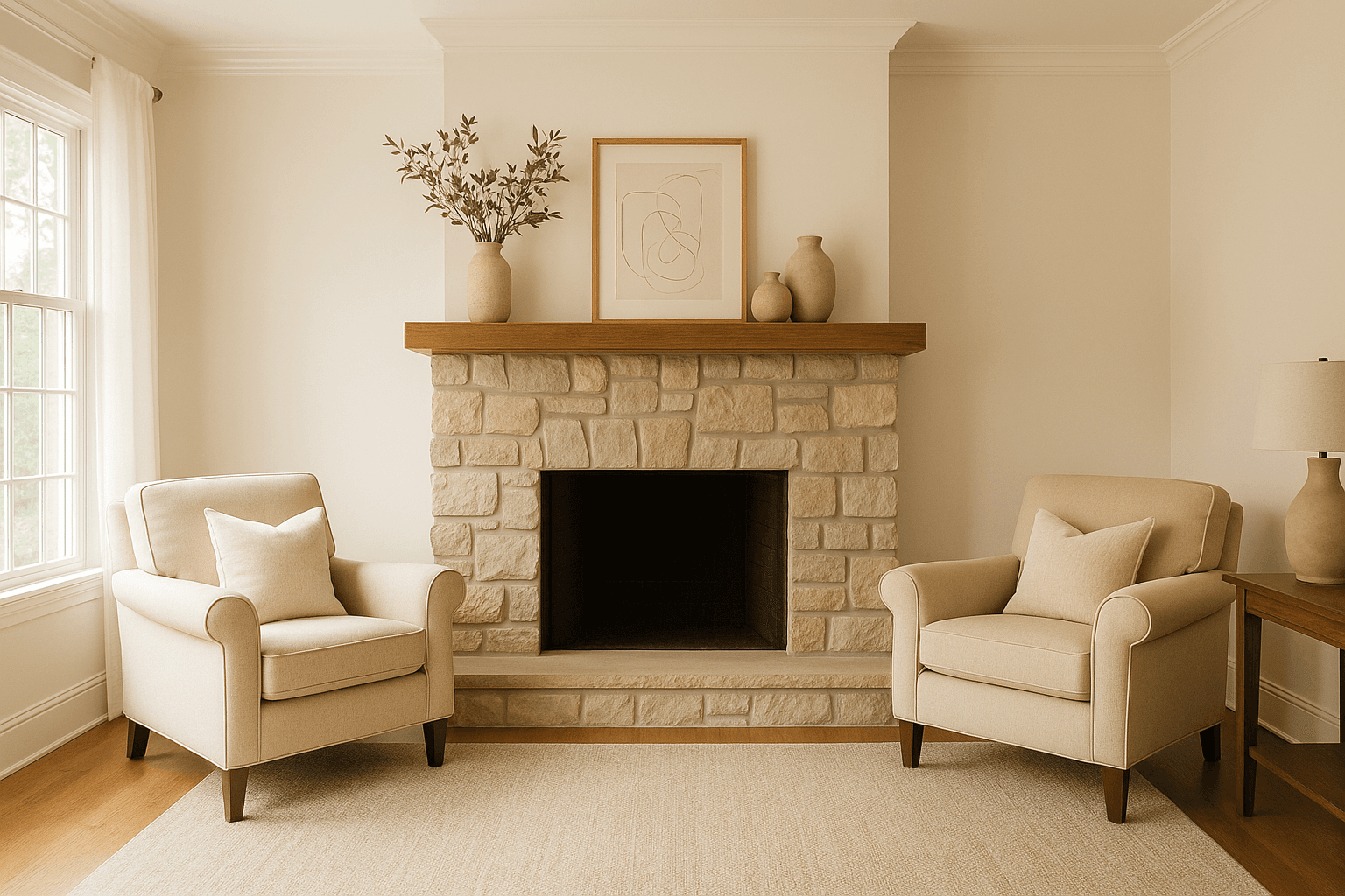A stone fireplace between two armchairs, cold and then lit, as shot