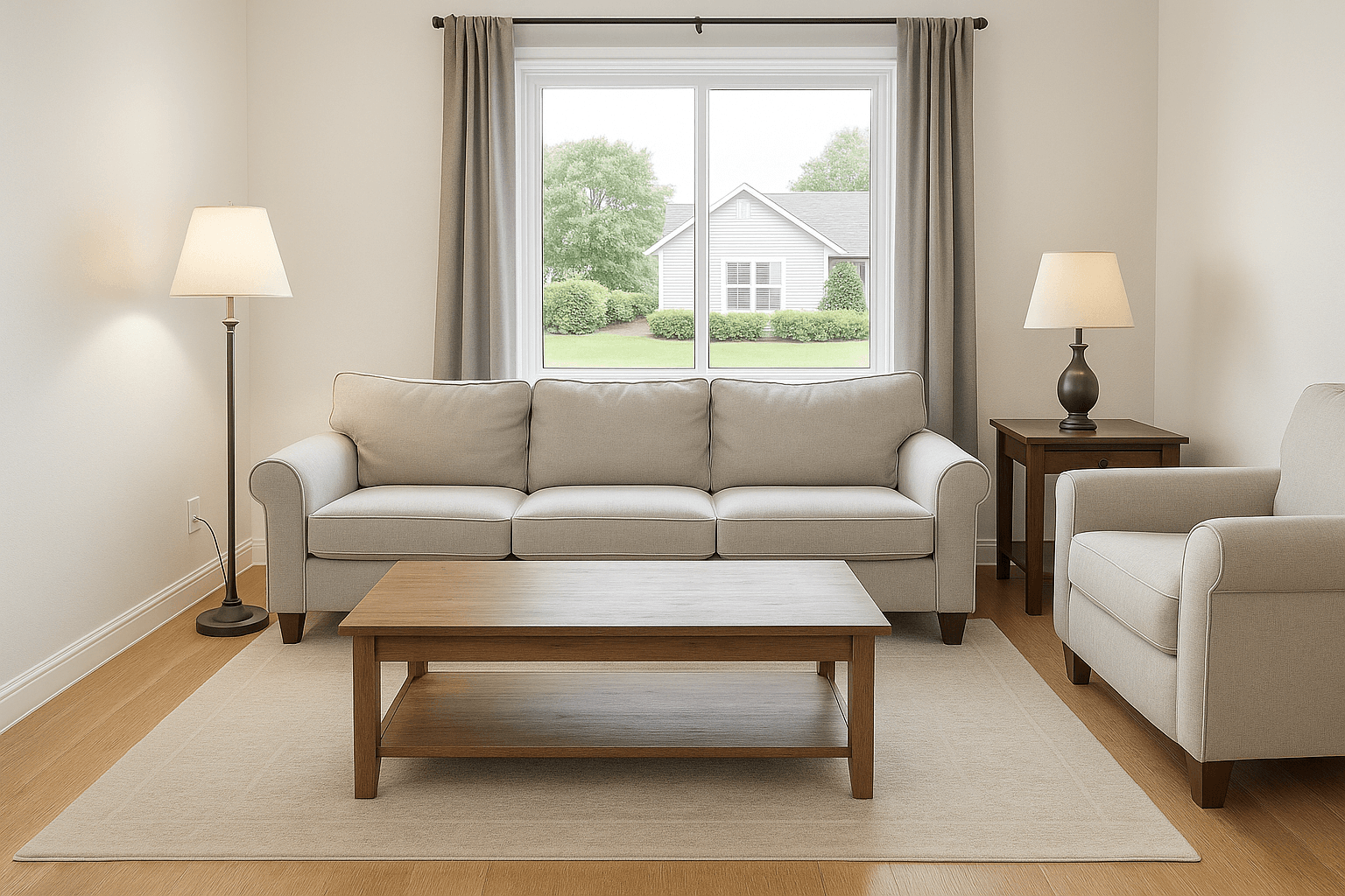 A living room shot dark with a yellow cast, corrected with the Adjust sliders to a bright neutral exposure, finished