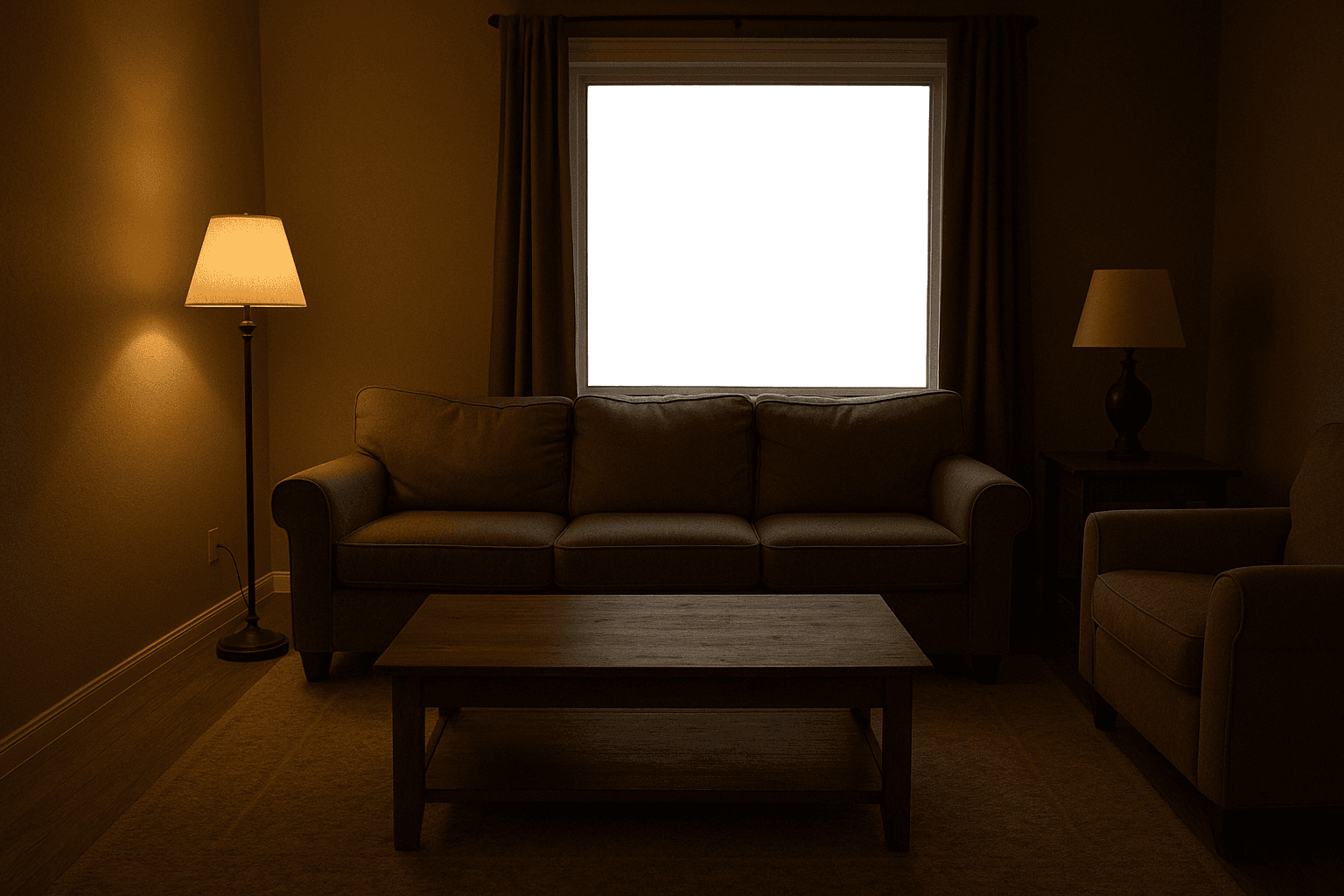 A living room shot dark with a yellow cast, corrected with the Adjust sliders to a bright neutral exposure, as shot