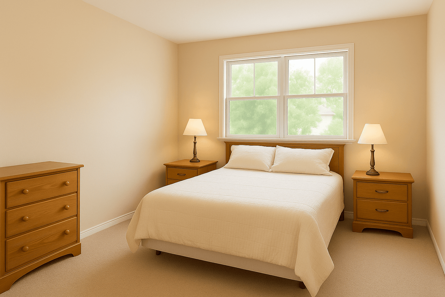 A bedroom with cables, a box and photo frames in the shot, then with them removed, finished