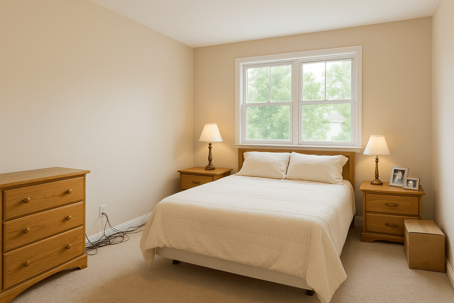 A bedroom with cables, a box and photo frames in the shot, then with them removed, as shot