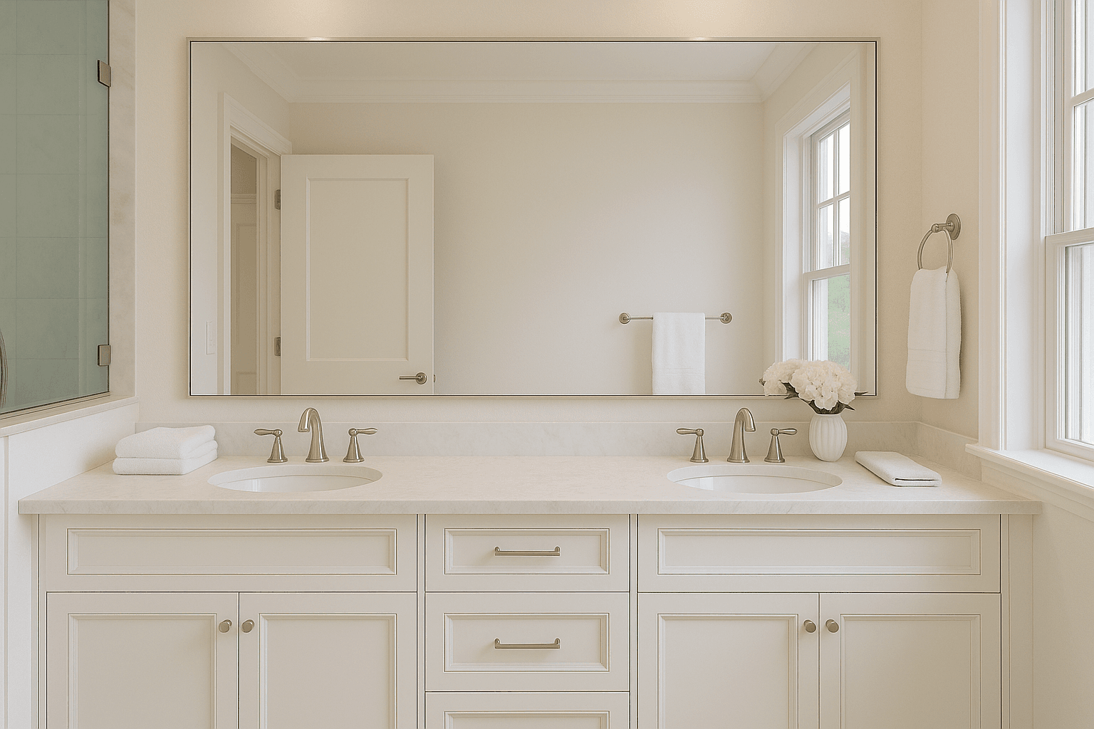 A bathroom vanity mirror reflecting the photographer, then reflecting only the room, finished