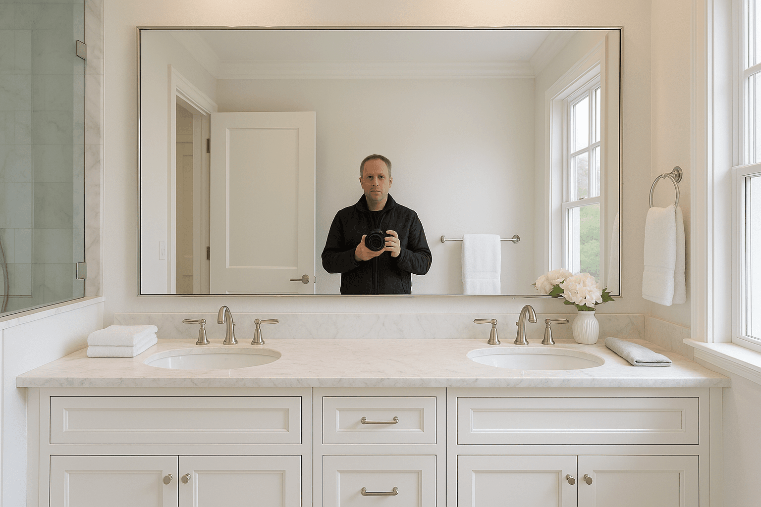 A bathroom vanity mirror reflecting the photographer, then reflecting only the room, as shot