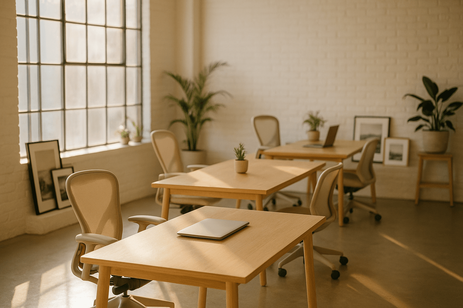 A sunlit studio office with desks, chairs and plants, ready for a team