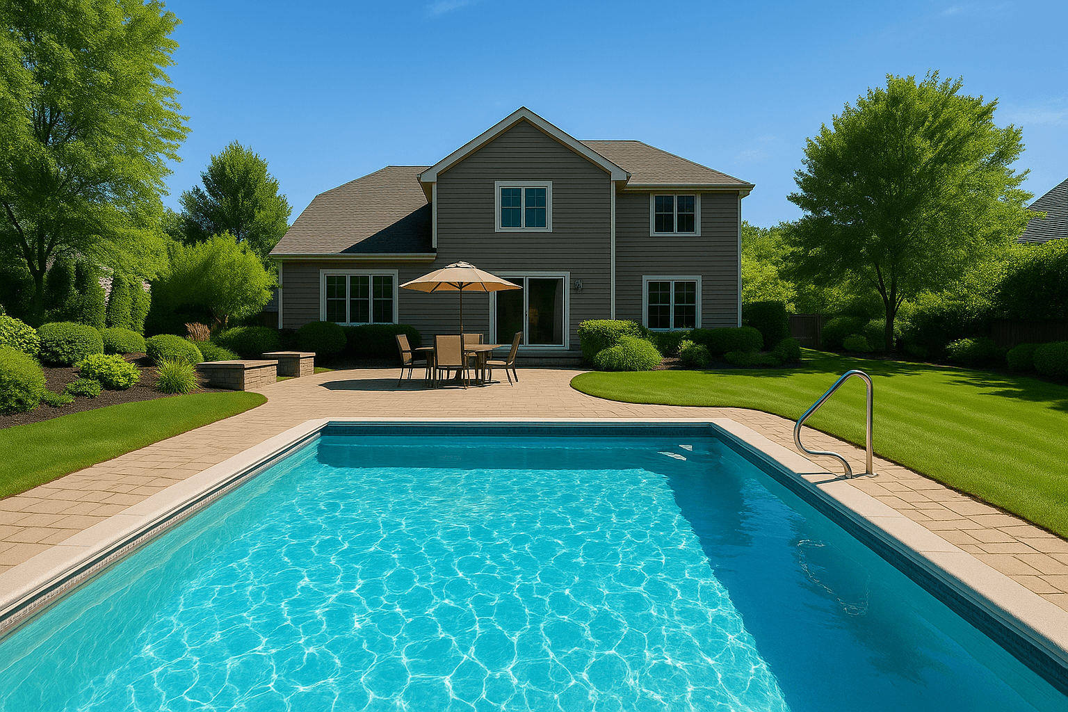 A backyard pool with murky water, then clear blue in the same frame