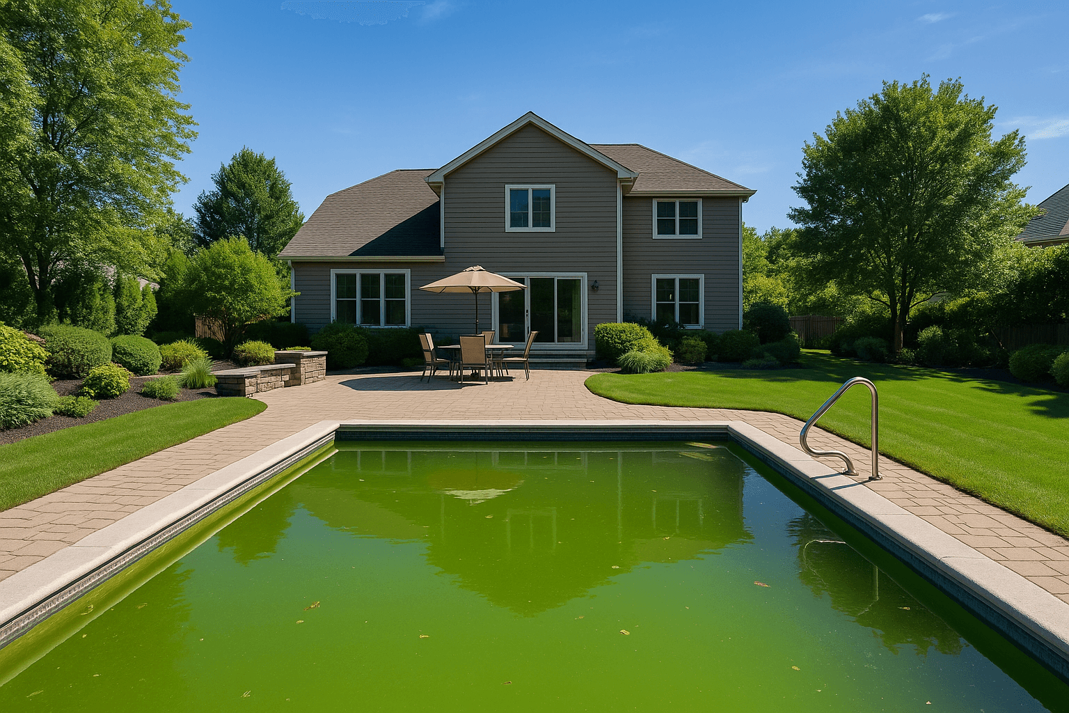 A back yard pool gone green, then clear blue, the coping and the house untouched, as shot