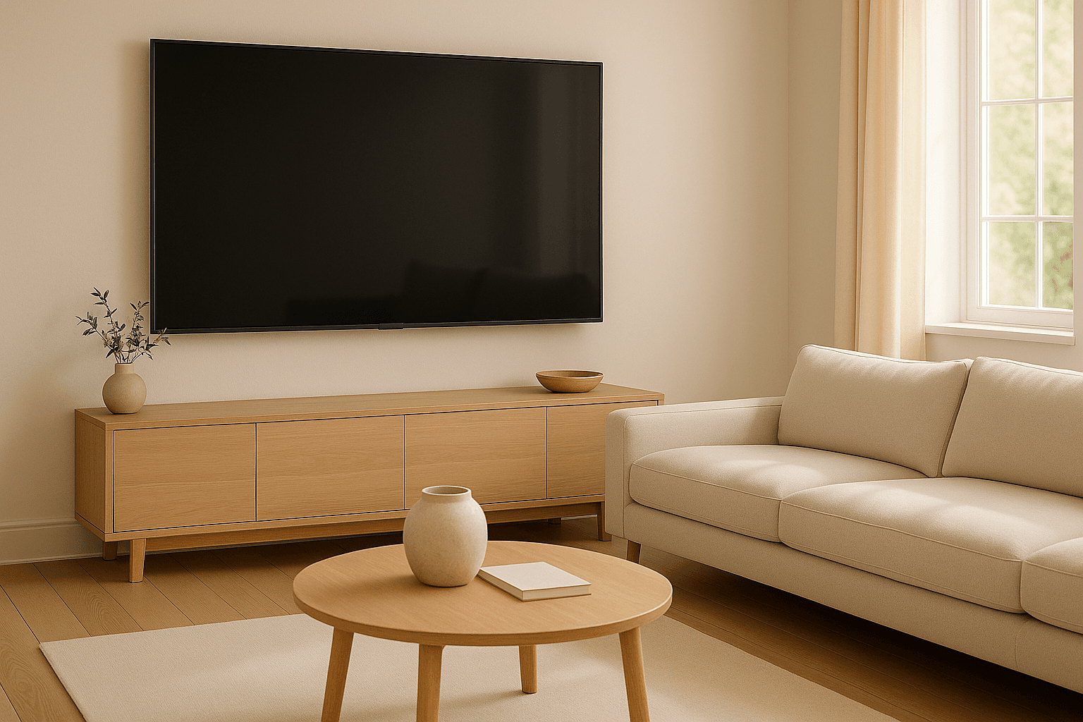 A living room television playing a bright scene, then switched to a clean black screen, finished