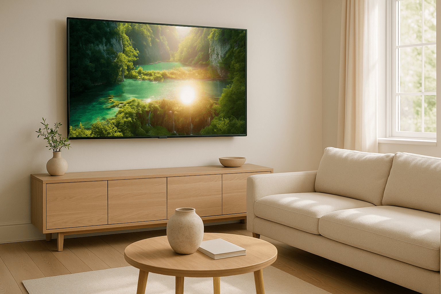 A living room television playing a bright scene, then switched to a clean black screen, as shot
