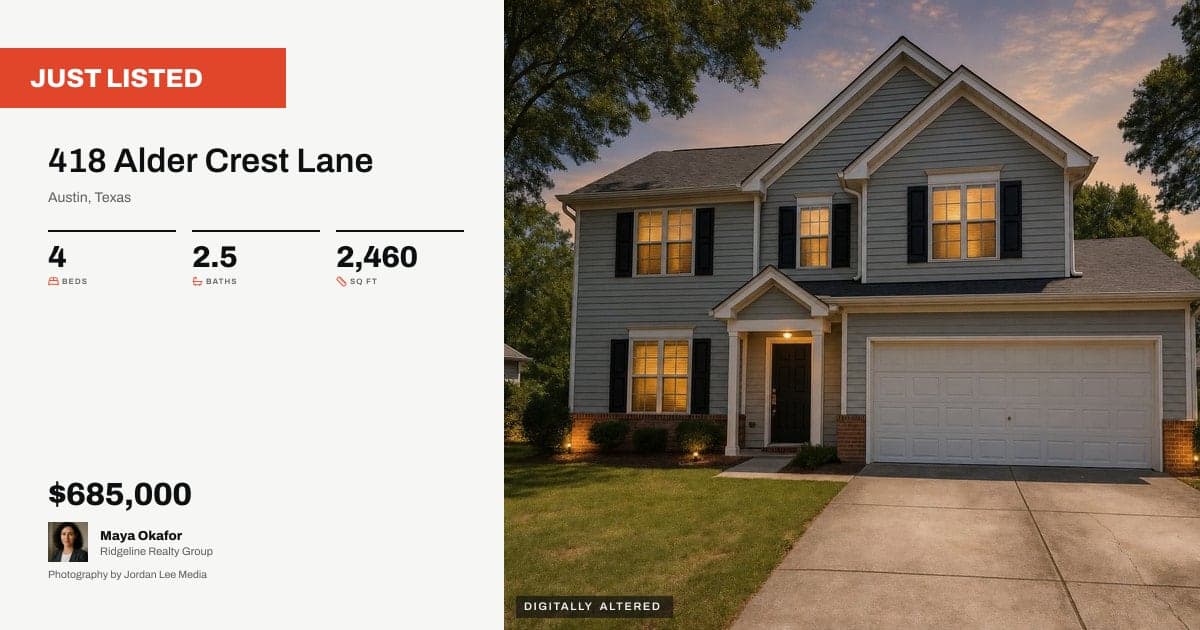 A Plan web banner: Just listed, the address, the facts and the price beside the house at dusk