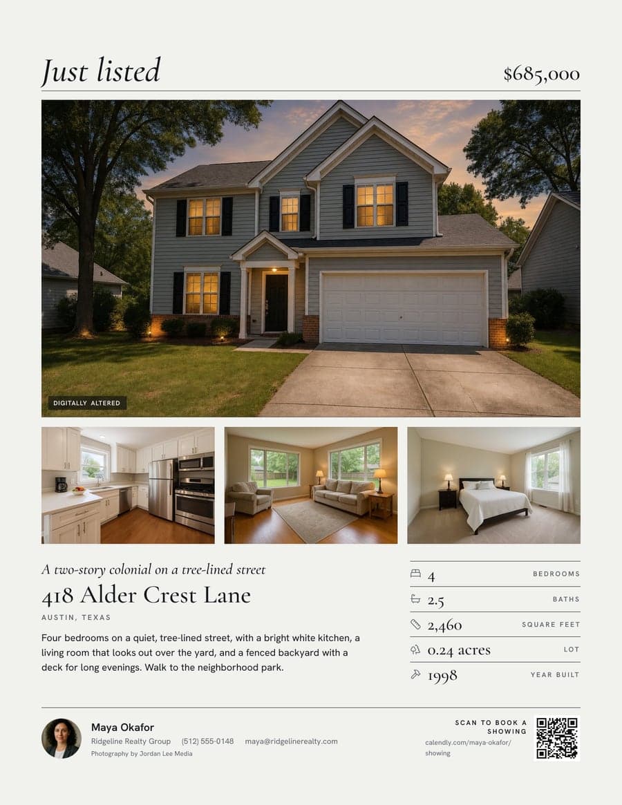 A Monograph US Letter flyer: the house at dusk, three room photos, the description, the facts and the agent