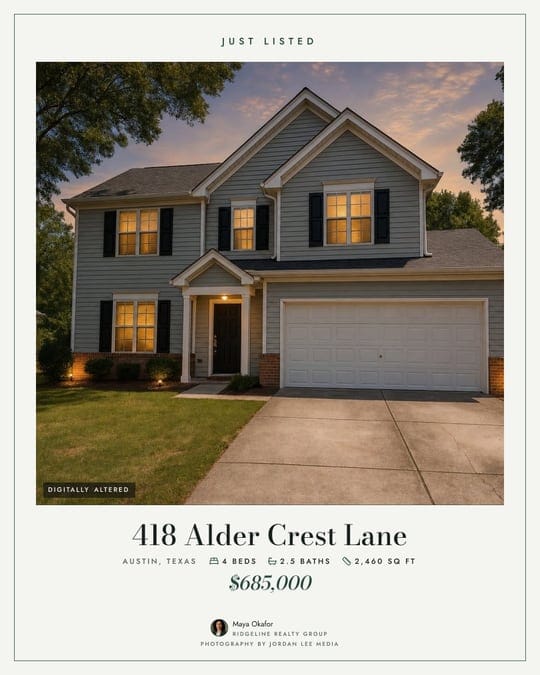 A Gazette feed post: Just listed, 418 Alder Crest Lane, the house at dusk in a framed page with the price and the agent