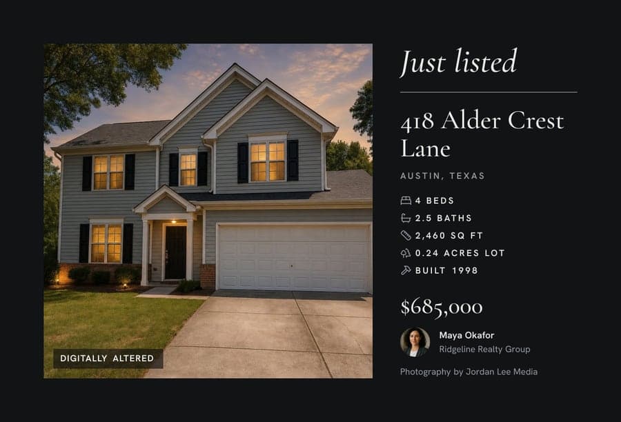 A Monograph postcard front in the dark tone: the house at dusk beside Just listed, the address, the facts and the price