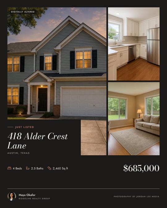 A Collage feed post in the dark tone: the front, the kitchen and the living room tiled around the address