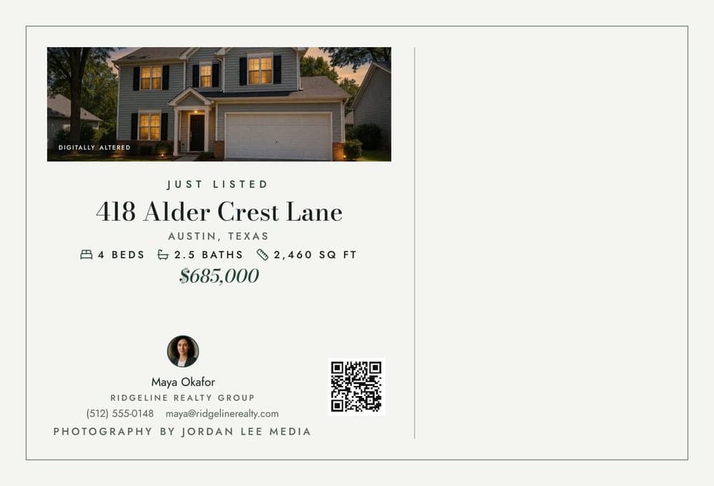 The Gazette postcard's mailing side: a photo, the address and the agent's contact, with the mailing area clear