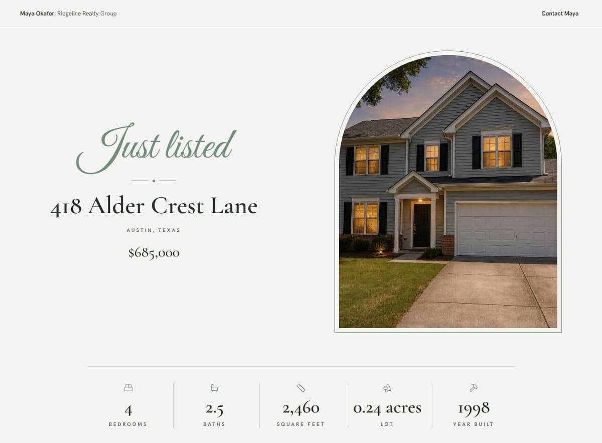 The listing's property website in the Signature theme: Just listed in script, 418 Alder Crest Lane, the price, the house under an arch and the facts row