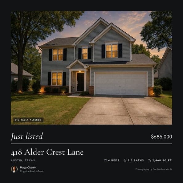 A Monograph square post in the dark tone with the listing's address, facts and price