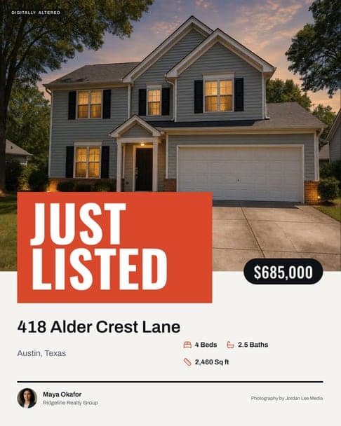A Headline feed post with JUST LISTED set huge over the house