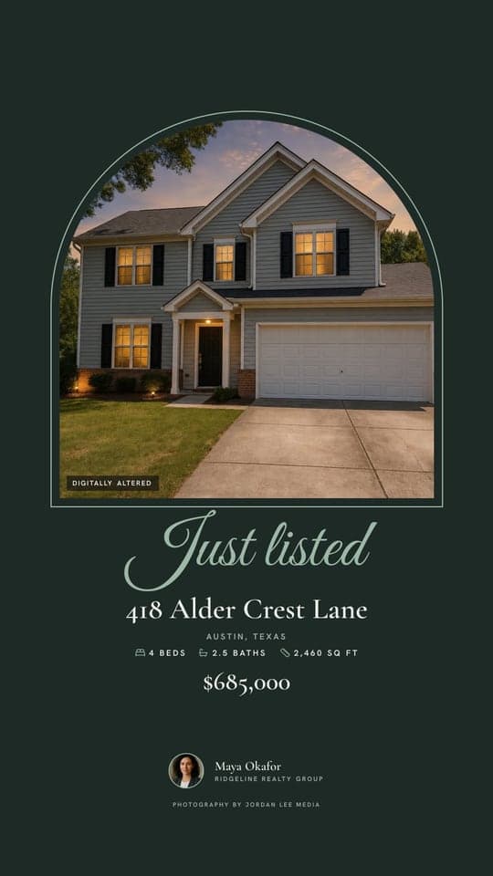 A Signature story in the dark tone: the house under an arch with Just listed in script