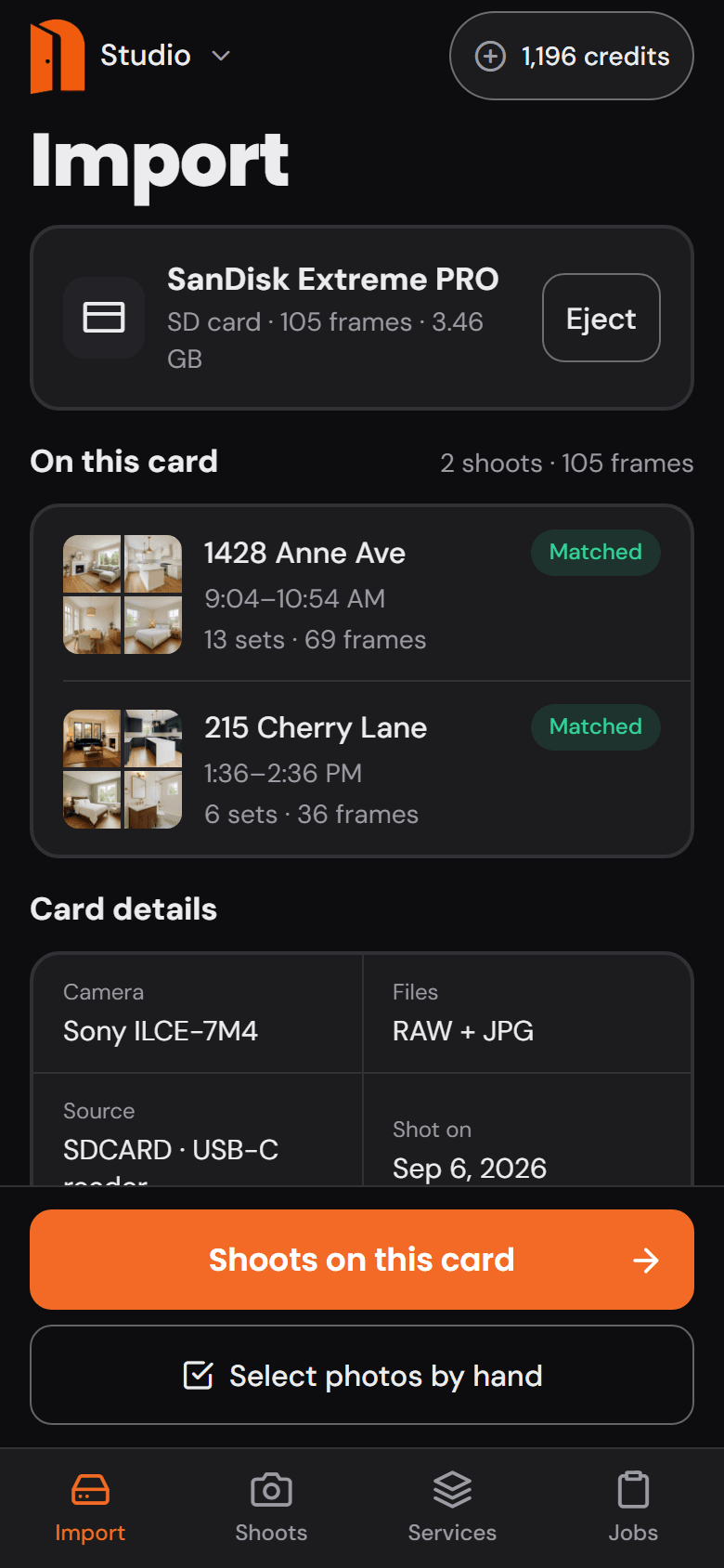 The phone app’s Import screen: an SD card read, two shoots found and matched to their bookings