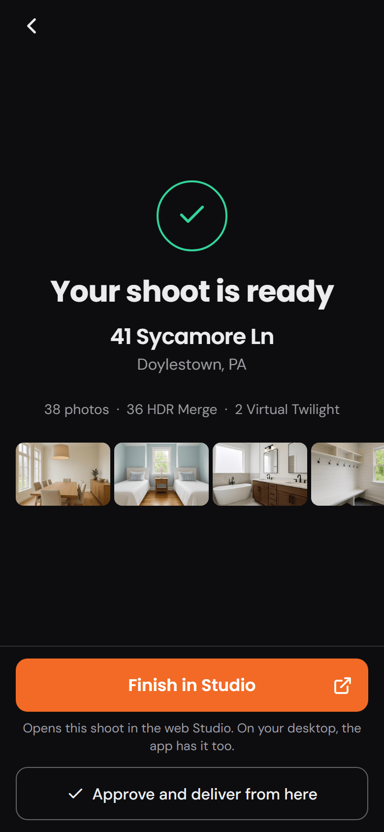 The phone app's ready screen: the shoot's finished photos, with HDR Merge and Virtual Twilight counted