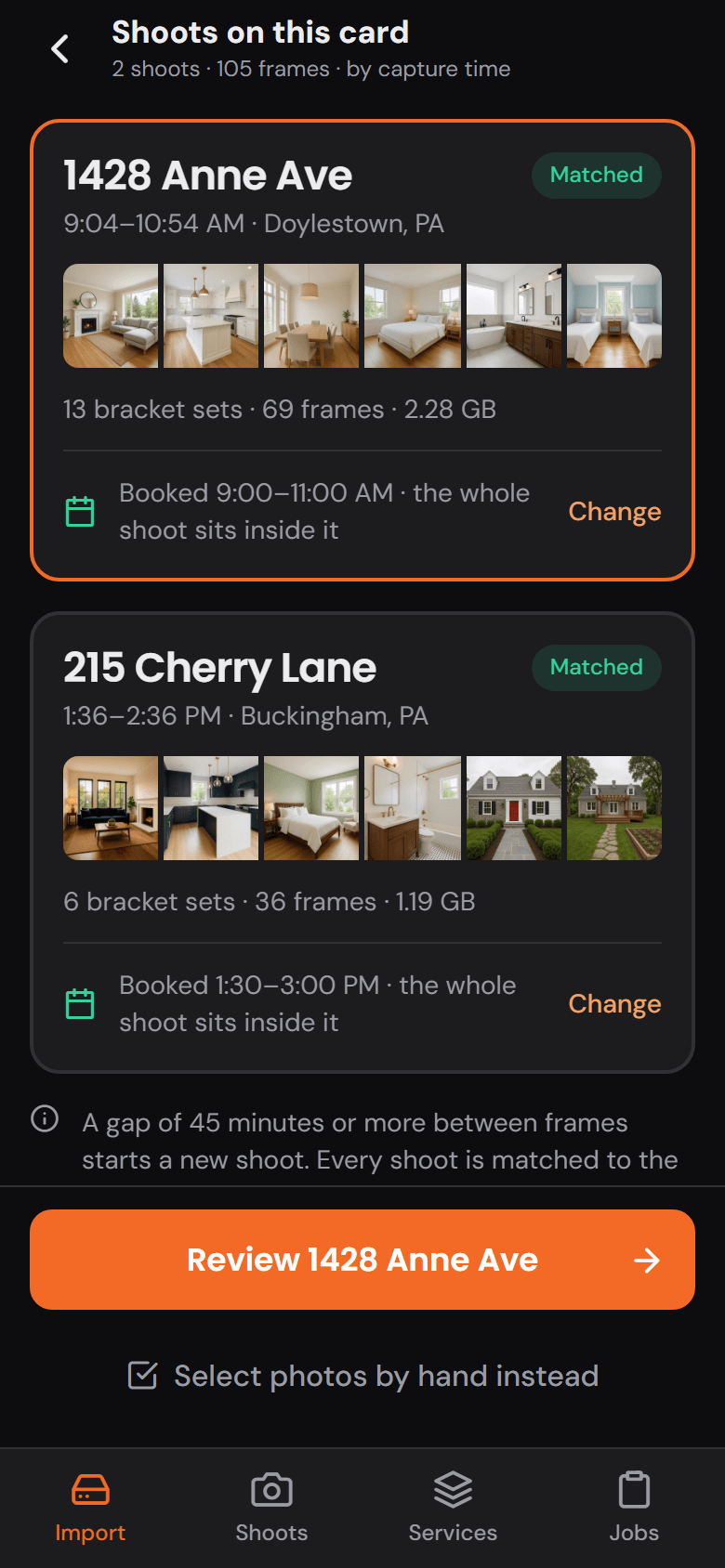 The phone app's Shoots on this card screen: two shoots found on the card, each matched to its booking and its time