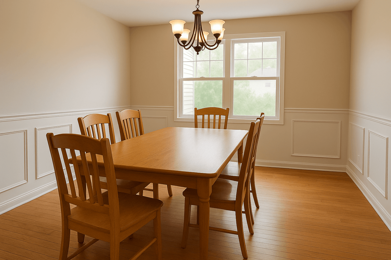 A dining room with a laptop, papers, a backpack and a laundry basket, then cleared to the table and chairs