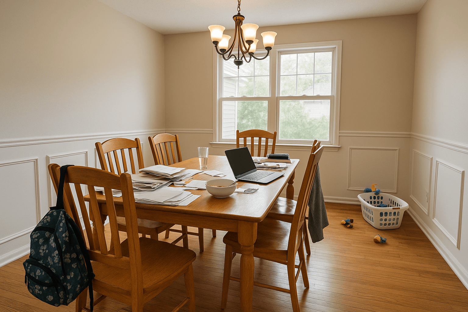 A dining room with a laptop, papers, a backpack and a laundry basket, then cleared to the table and chairs, as shot