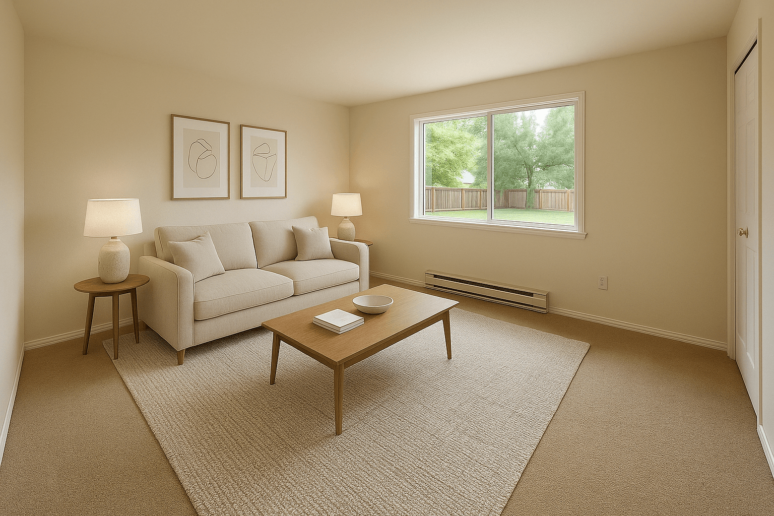 An empty living room, before and after virtual staging, finished