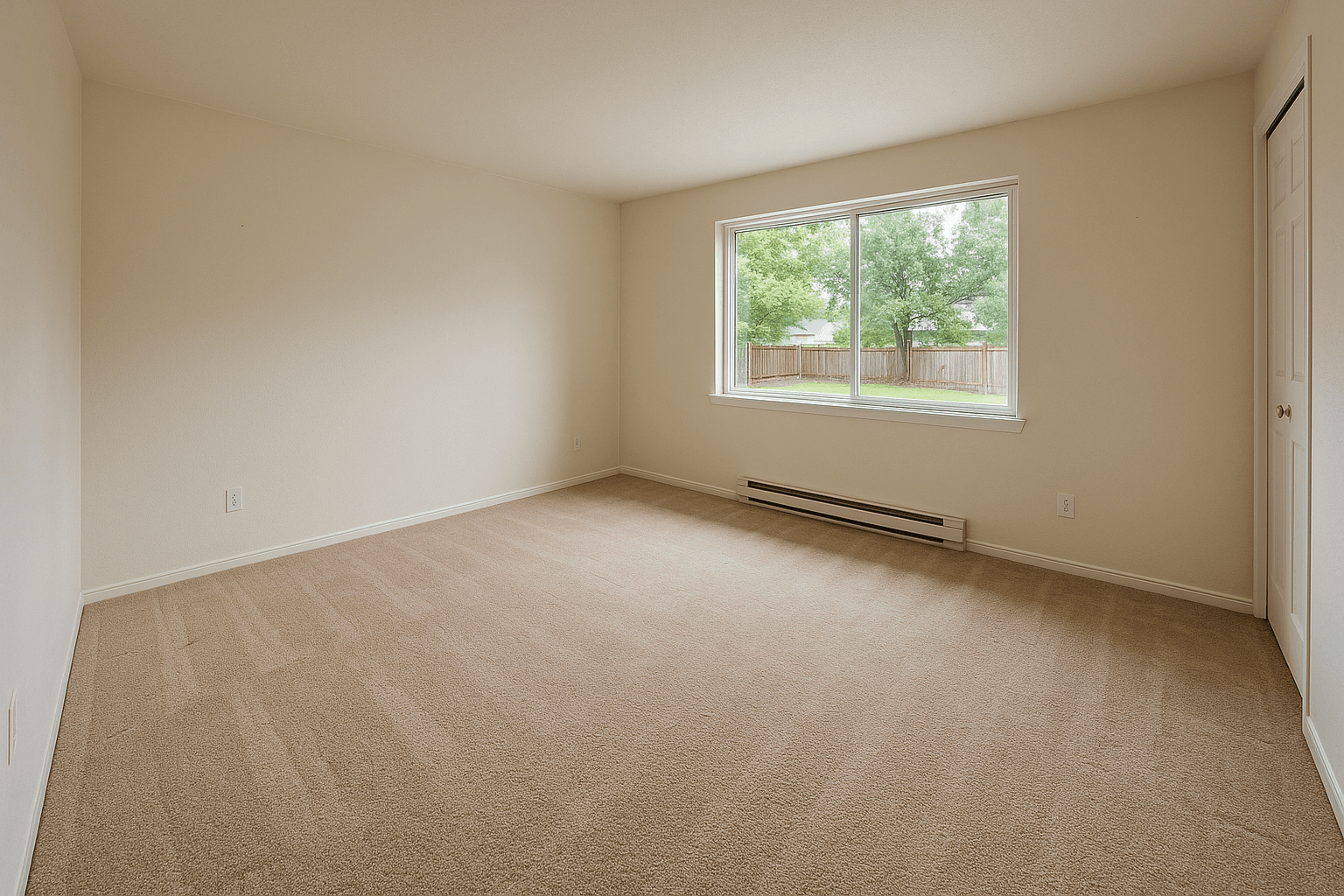An empty living room, virtually staged, as shot