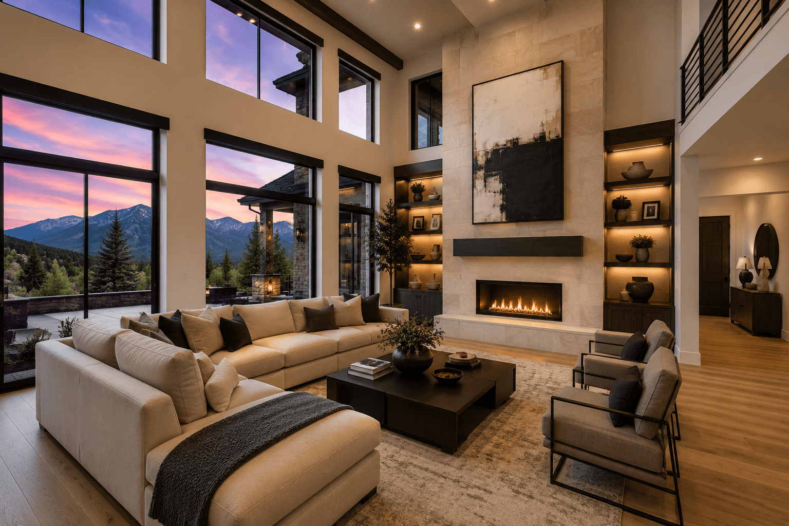 Large living room with floor-to-ceiling windows lit at sunset
